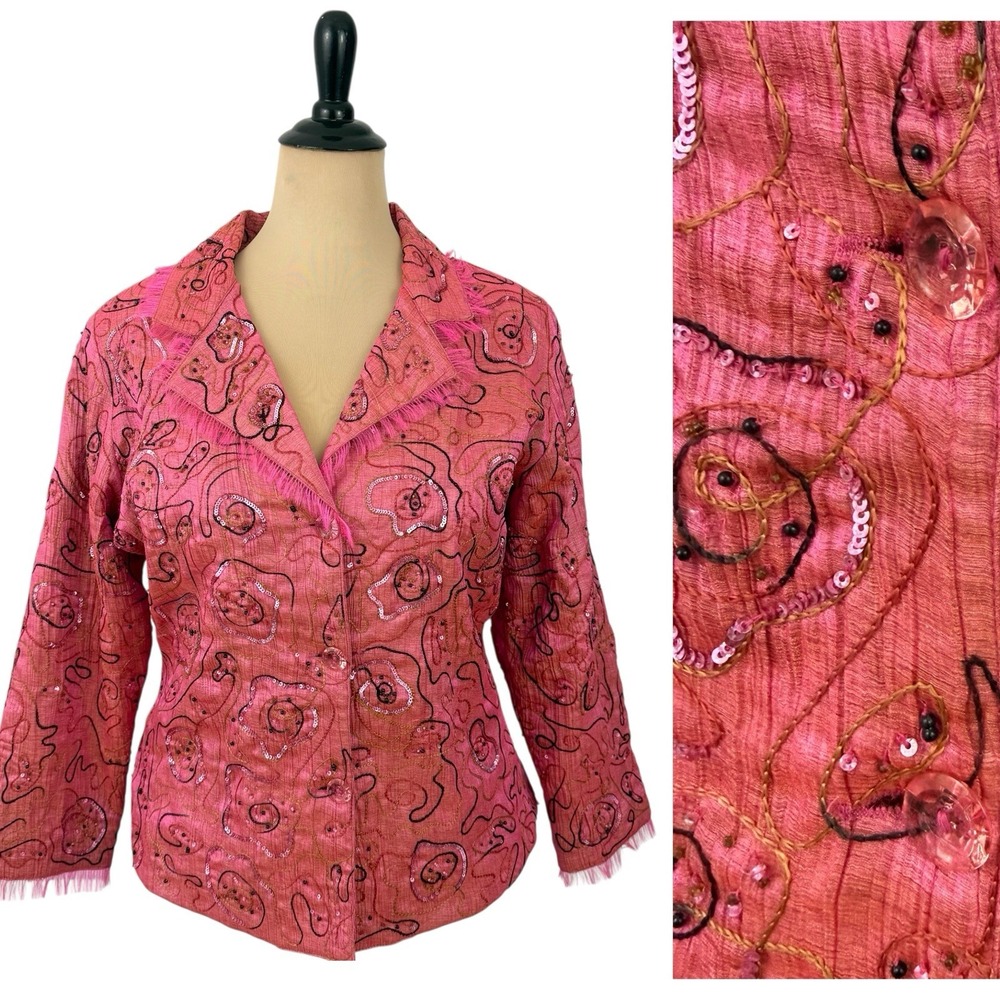 ANAGE Womens Vintage Pink Statement JACKET M Sequin Embroidered Fringe Artsy 80s